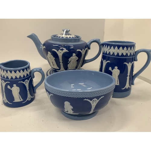 120 - FOUR PIECES OF DUDSON POTTERY IN A JASPERWARE STYLE PATTERN TO INCLUDE A TEAPOT AND STAND, JUGS AND ... 