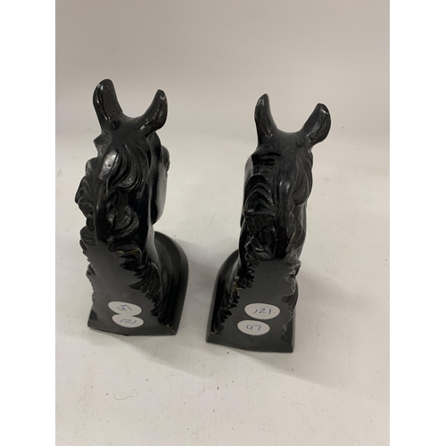 130 - A PAIR OF STONE BLACK HORSES HEAD BOOK-ENDS HEIGHT 14CM