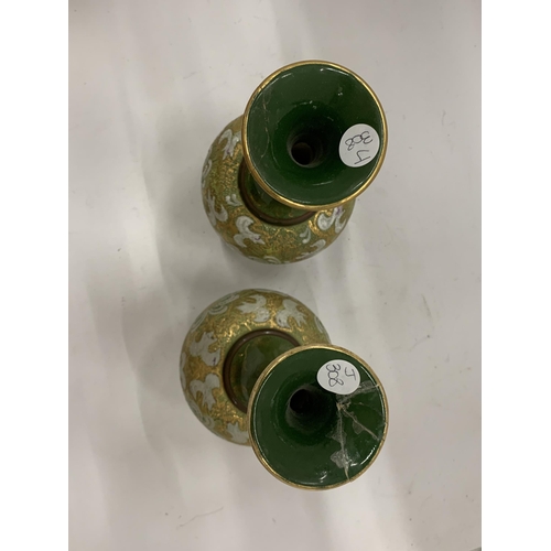 149 - A PAIR OF ROYAL DOULTON VASES WITH SLIM NECKS AND GREEN PATTERN - BOTH A/F