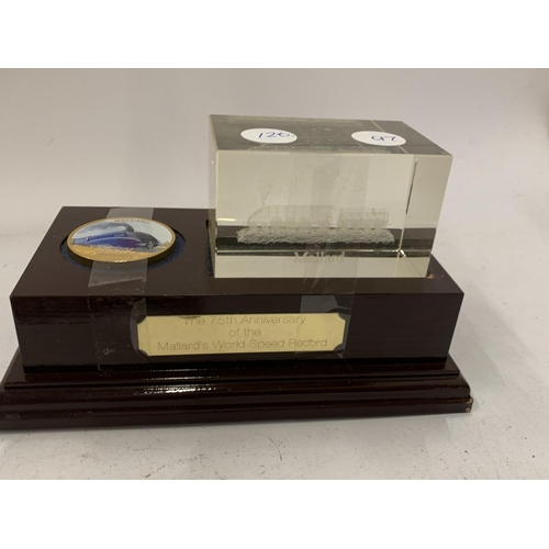 161 - A PAPERWEIGHT AND COIN COMMEMORATING THE 75TH ANNIVERSARY OF MALLARD'S WORLD SPEED RECORD PLUS AN OR... 