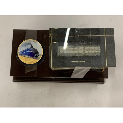 161 - A PAPERWEIGHT AND COIN COMMEMORATING THE 75TH ANNIVERSARY OF MALLARD'S WORLD SPEED RECORD PLUS AN OR... 