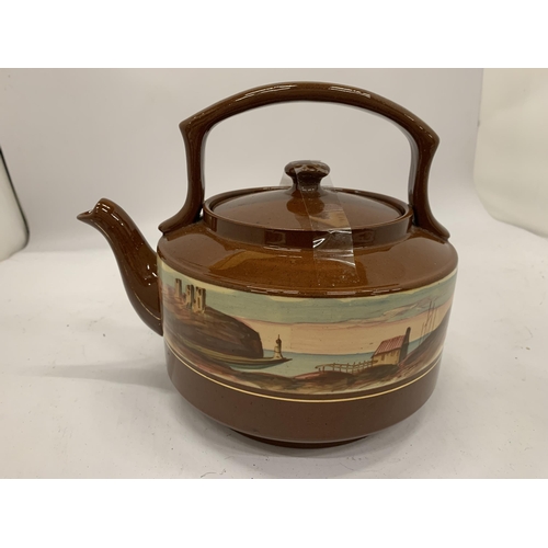 181 - A VINTAGE ROYAL DOULTON STYLE TEAPOT WITH TRANSFER PRINTED FREIZE