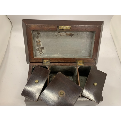 211 - AN INLAID MAHOGANY TEA CADDY WITH THREE COMPARTMENTS