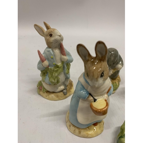 224 - FIVE ROYAL ALBERT BEATRIX POTTER FIGURES TO INCLUDE TIMMY WILLIE SLEEPING, MRS RABBIT COOKING, FOXY ... 