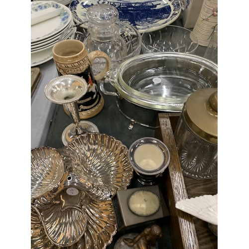 242 - A LARGE MIXED LOT TO INCLUDE SILVER PLATED ITEMS, GLASSWARE, A LLADRO GOOSE - A/F, A CRANBERRY GLASS... 