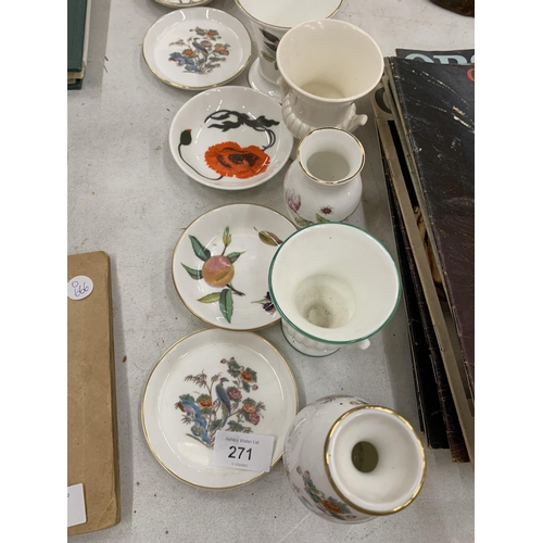 271 - A QUANTITY OF SMALL CERAMIC ITEMS TO INCLUDE AYNSLEY, WEDGWOOD, ETC, PIN TRAYS AND VASES