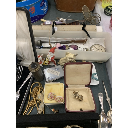 297 - A LARGE MIXED LOT TO INCLUDE COSTUME JEWELLERY, FIGURES, FLATWARE, AN ART DECO CARD CASE, ETC