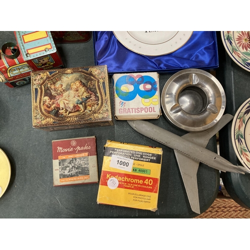 1000 - A MIXED LOT TO INCLUDE VINTAGE TINS, A TRAVEL IRON, A BOXED BRITISH AEROSPACE GOLDEN ANNIVERSARY PLA... 