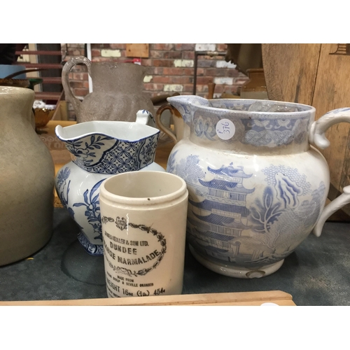 1004 - TWO BLUE AND WHITE VINTAGE JUGS - 1 A/F, THREE STONEWARE ITEMS PLUS A WOODEN KITCHEN MANDOLIN