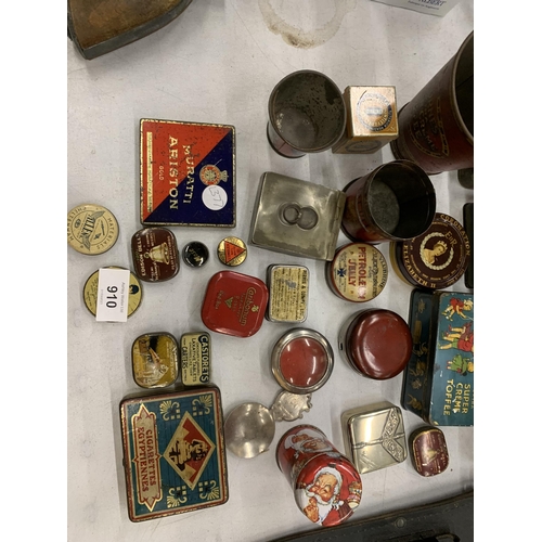 910 - A LARGE COLLECTION OF VINTAGE TINS TO INCLUDE A THORNES TOFFEE BUCKET, BEE BEE BISCUITS MONEY TINS, ... 