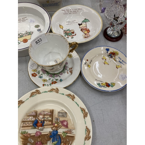 933 - TWO SHELLEY MABEL LUCIE ATTWELL CHILDREN'S BOWLS, A CORONA WARE CHILD'S TEAPOT AND PLATES, ETC