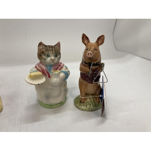 936 - FIVE BESWICK FIGURES TO INCLUDE PIG BAND MEMBERS JAMES AND RICHARD PLUS BEATRIX POTTER APPLEY DAPPLY... 