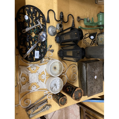 966 - A LARGE QUANTITY OF METAL WARE ITEMS TO INCLUDE VINTAGE TINS, MINCERS, NUTCRACKERS, FLATWARE, A LIGH... 