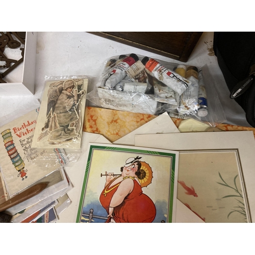 983 - A MIXED ARTY LOT TO INCLUDE VINTAGE WINDSOR AND NEWTON OIL PAINTS AND PAINT BRUSHES, AMATEUR OIL PAI... 