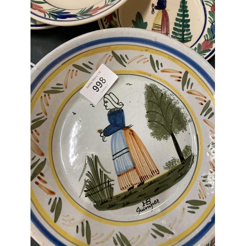 998 - FIVE HANDPAINTED QUIMPER PLATES PLUS A BOWL