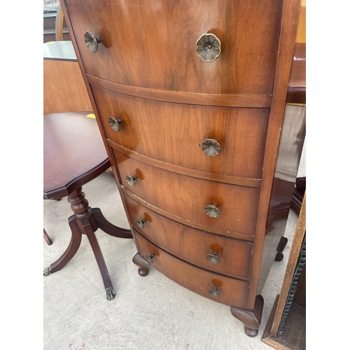 2768 - A MID 20TH CENTURY WALNUT BOWFRONTED CHEST OF SIX DRAWERS ON CABRIOLE LEG, 18