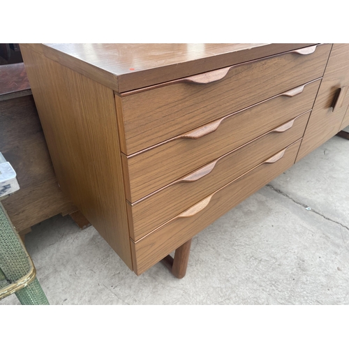 2777 - A RETRO TEAK 'EUROPA FURNITURE' SIDEBOARD ENCLOSING THREE CUPBOARDS, ONE WITH DROP-DOWN FRONT AND FO... 