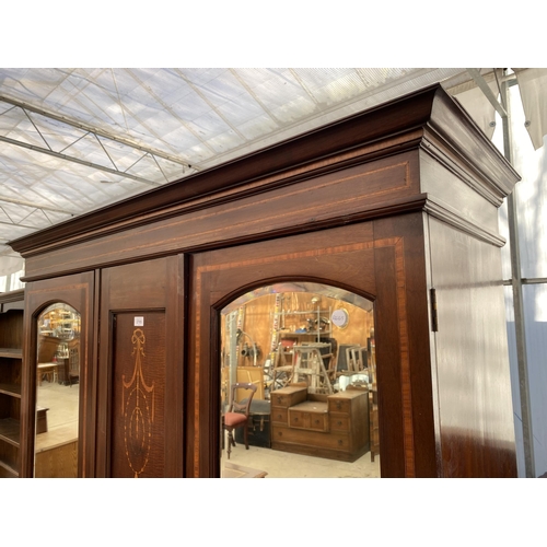 2705 - AN EDWARDIAN MAHOGANY AND INLAID MIRRORED TWO DOOR WARDROBE WITH TWO DRAWERS TO THE BASE, 58