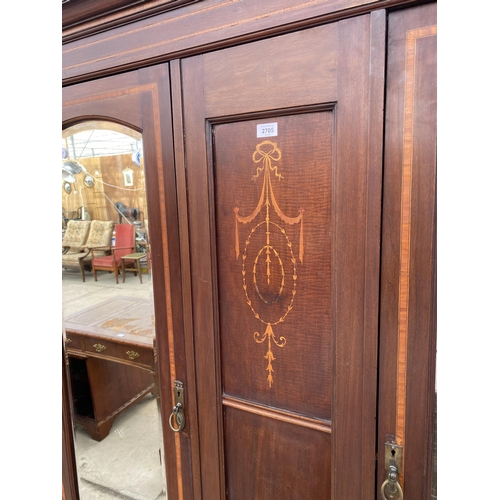 2705 - AN EDWARDIAN MAHOGANY AND INLAID MIRRORED TWO DOOR WARDROBE WITH TWO DRAWERS TO THE BASE, 58