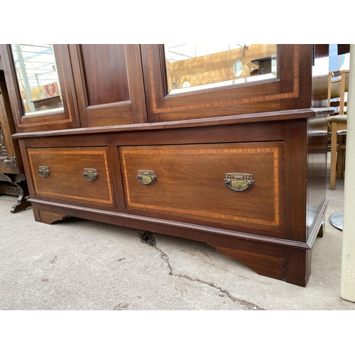 2705 - AN EDWARDIAN MAHOGANY AND INLAID MIRRORED TWO DOOR WARDROBE WITH TWO DRAWERS TO THE BASE, 58