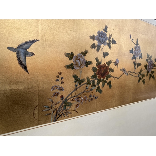 2706 - AN ORIENTAL STYLE 6' HEADBOARD WITH FLORAL AND BIRD DECORATION, WITH GOLD COLOURED BACKGROUND