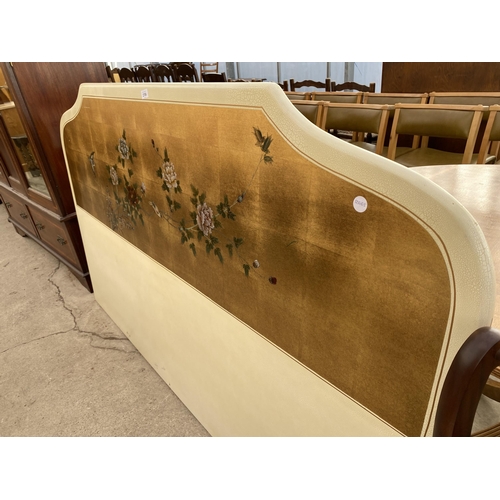 2706 - AN ORIENTAL STYLE 6' HEADBOARD WITH FLORAL AND BIRD DECORATION, WITH GOLD COLOURED BACKGROUND