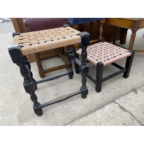 2715 - TWO STOOLS WITH UPHOLSTERED SEATS ON TURNED LEGSS AND TWO STOOLS WITH WICKER TOPS