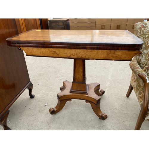 2721 - A 19TH CENTURY MAPLE AND MAHOGANY CROSSBANDED FOLD-OVER TEA TABLE ON PEDESTAL BASE