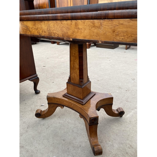 2721 - A 19TH CENTURY MAPLE AND MAHOGANY CROSSBANDED FOLD-OVER TEA TABLE ON PEDESTAL BASE