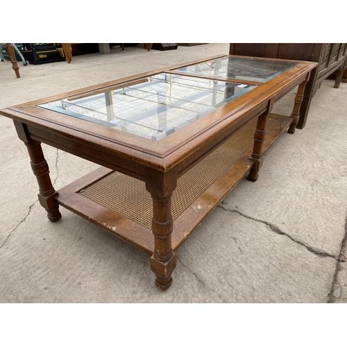 2726 - A HARDWOOD AND WICKER COFFEE TABLE WITH INSET GLASS TOP, 51 X 21