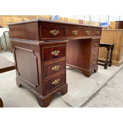 2729 - A MAHOGANY TWIN PEDESTAL DESK ENCLOSING SIX DRAWERS AND ONE CUPBOARD, 48 X 24