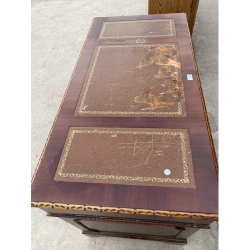 2729 - A MAHOGANY TWIN PEDESTAL DESK ENCLOSING SIX DRAWERS AND ONE CUPBOARD, 48 X 24