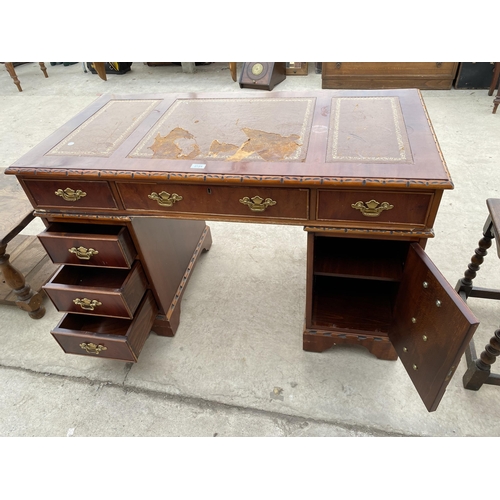 2729 - A MAHOGANY TWIN PEDESTAL DESK ENCLOSING SIX DRAWERS AND ONE CUPBOARD, 48 X 24