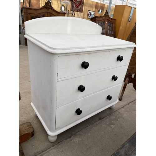 2736 - A VICTORIAN PAINTED PINE CHEST OF THREE DRAWERS WITH RAISED BACK, 37