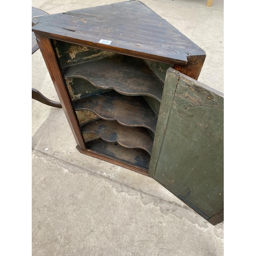 2743 - A GEORGE III OAK SINGLE DOOR CORNER CUPBOARD WITH H-BRASS HINGES AND SHAPED INTERIOR SHELVES, 26