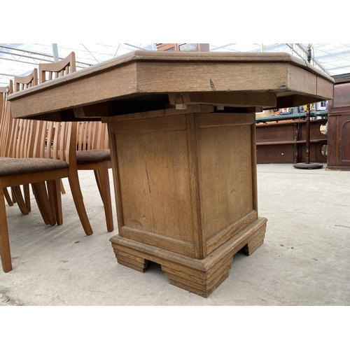 2750 - AN ART DECO OAK OCTAGONAL DINING TABLE ON SQUARE COLUMN WITH STEPPED FEET, 44X41