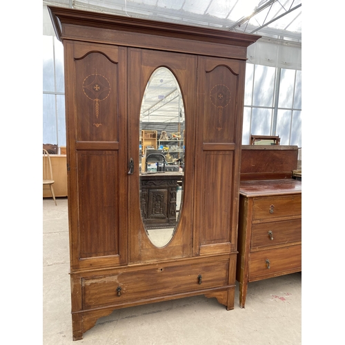 2760 - AN EDWARDIAN MAHOGANY AND INLAID MIRROR-DOOR WARDROBE AND MATCHING CHEST OF THREE DRAWERS