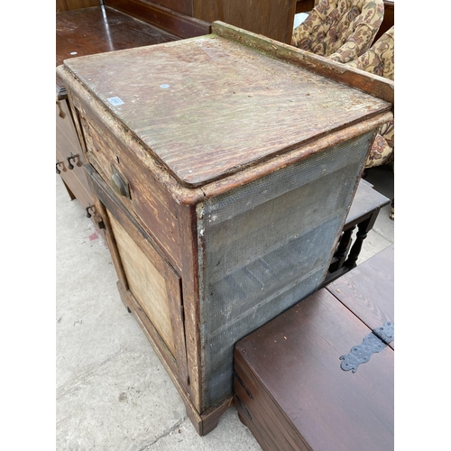 2761 - AN EARLY 20TH CENTURY MAINLY PINE MEAL SAFE HAVING SINGLE DRAWER WITH BRASS SCOOP HANDLE, 24