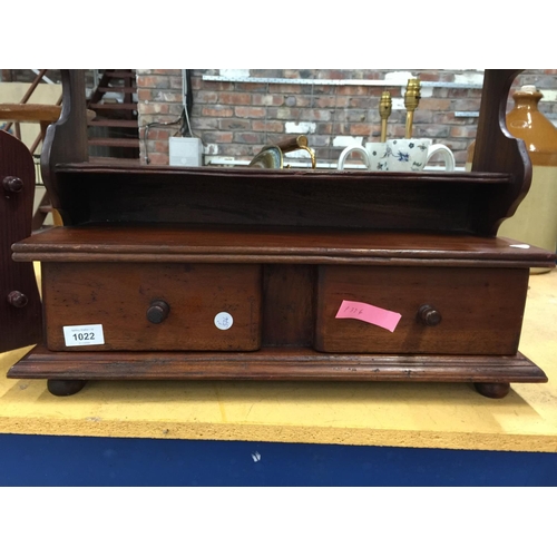 1022 - A VINTAGE WALL SHELF WITH DRAWERS TO THE BOTTOM 65CM X 56CM