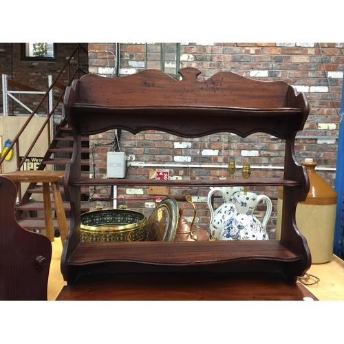 1022 - A VINTAGE WALL SHELF WITH DRAWERS TO THE BOTTOM 65CM X 56CM