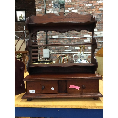 1022 - A VINTAGE WALL SHELF WITH DRAWERS TO THE BOTTOM 65CM X 56CM