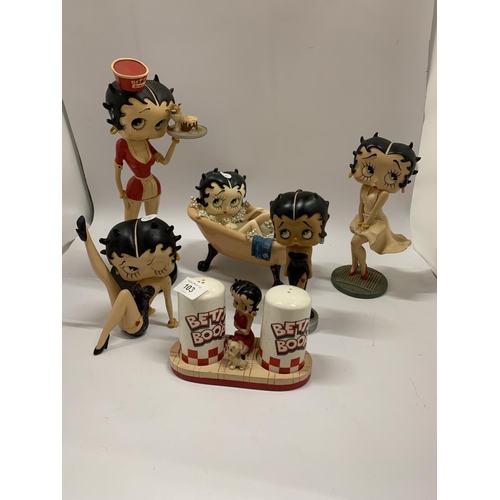 103 - A COLLECTION OF BETTY BOOP ITEMS TO INCLUDE FOUR FIGURES - 1 A/F, BETTY IN A BATH AND A CRUET SET