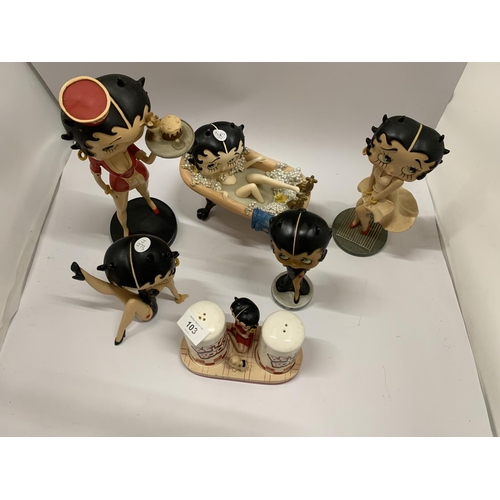 103 - A COLLECTION OF BETTY BOOP ITEMS TO INCLUDE FOUR FIGURES - 1 A/F, BETTY IN A BATH AND A CRUET SET