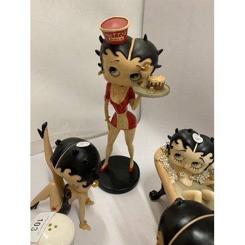 103 - A COLLECTION OF BETTY BOOP ITEMS TO INCLUDE FOUR FIGURES - 1 A/F, BETTY IN A BATH AND A CRUET SET