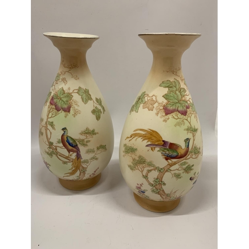 106 - A PAIR OF VINTAGE CROWN DUCAL BALUSTER VASES IN BLUSH IVORY WITHA BIRD DESIGN HEIGHT 31.5CM