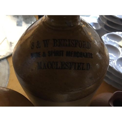 1069 - TWO VINTAGE STONEWARE WINE AND SPIRIT FLAGONS WITH THE MAKERS ROBERT LEE, KNUTSFORD AND S & W BERISF... 