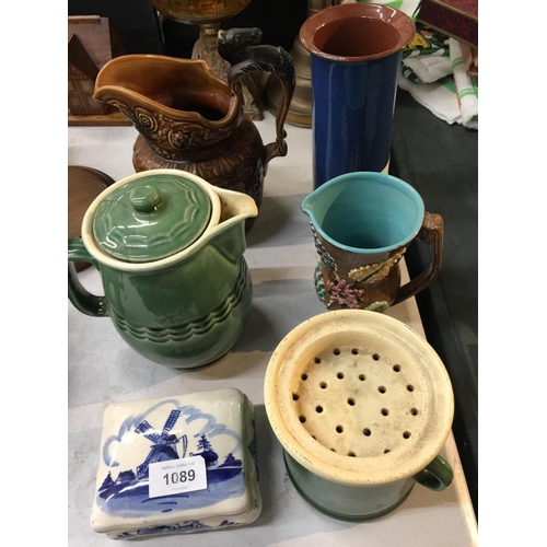 1089 - A QUANTITY OF CERAMIC ITEMS TO INCLUDE A COFFEE POT, STUDIO POTTERY JUGS, VASES, ETC