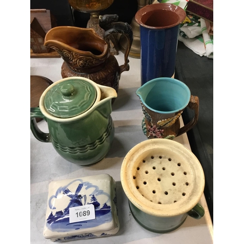 1089 - A QUANTITY OF CERAMIC ITEMS TO INCLUDE A COFFEE POT, STUDIO POTTERY JUGS, VASES, ETC