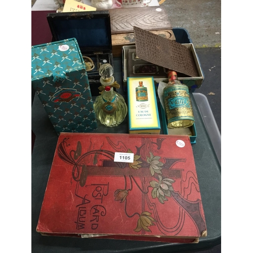 1105 - A MIXED LOT TO INCLUDE A VINTAGE POSTCARD ALBUM WITH POSTCARDS, TWO LARGE BOTTLES OF KOLNISCH WASSER... 