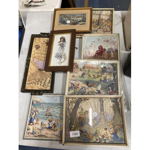 1108 - A QUANTITY OF CHILDREN'S PRINTS TO INCLUDE TEDDY BEARS PICNIC, ETC PLUS A BUTTERFLY WING PICTURE, ET... 